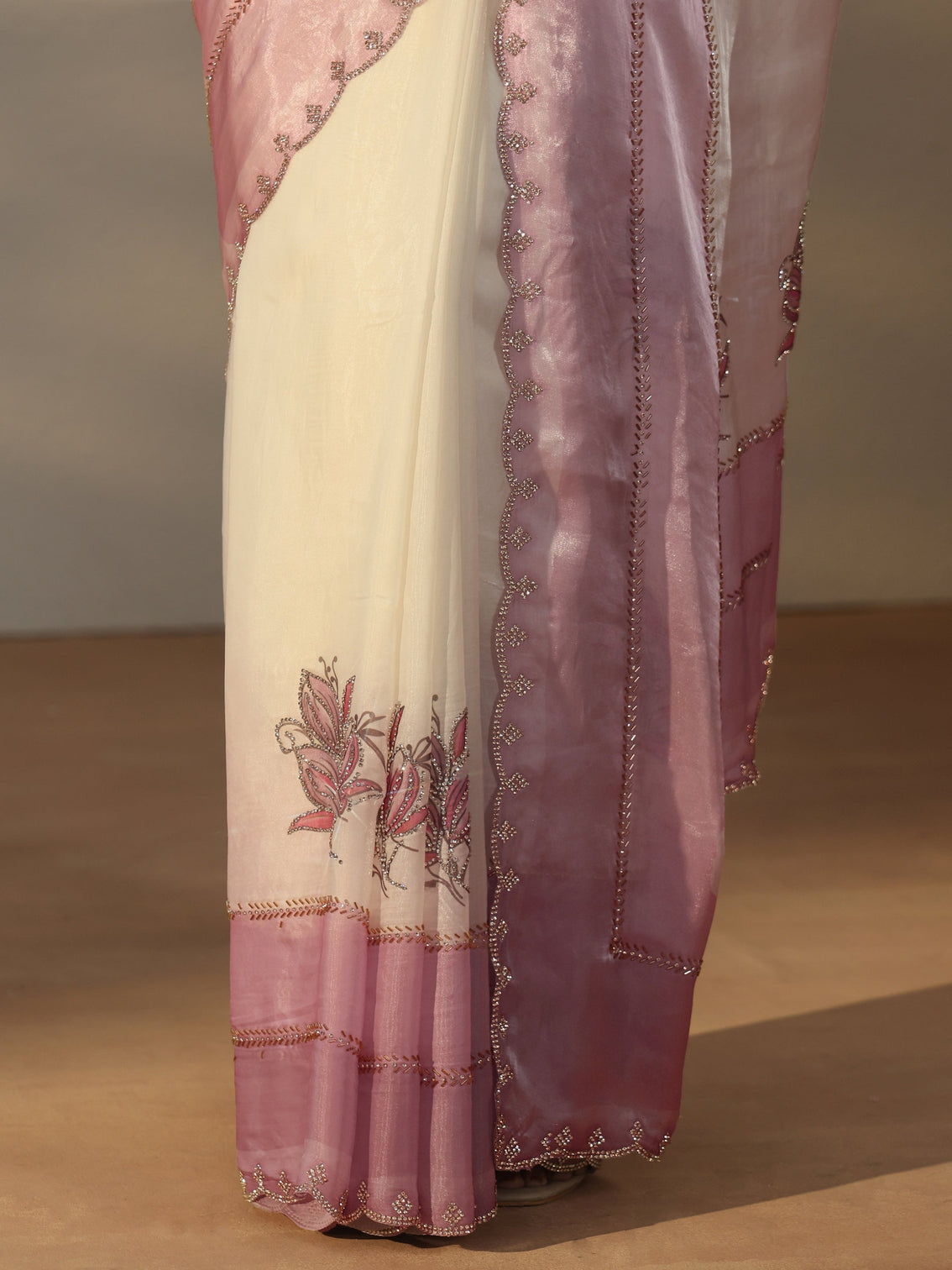 Mameraa Cream Floral Embellished Tissue Saree