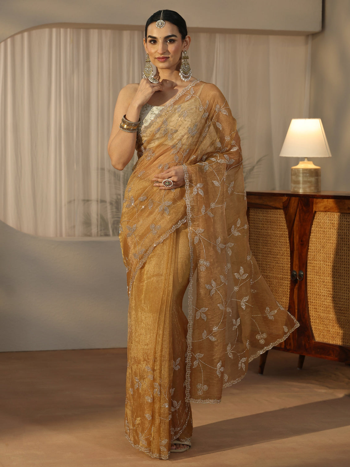 Mameraa Art Gold Floral Embellished Tissue Saree