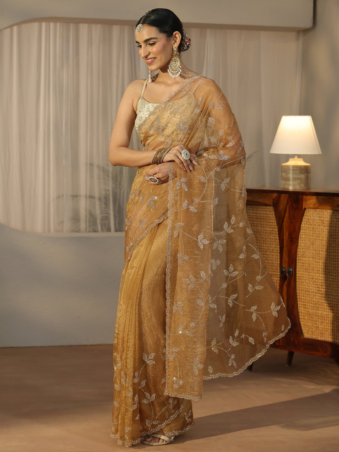Mameraa Art Gold Floral Embellished Tissue Saree