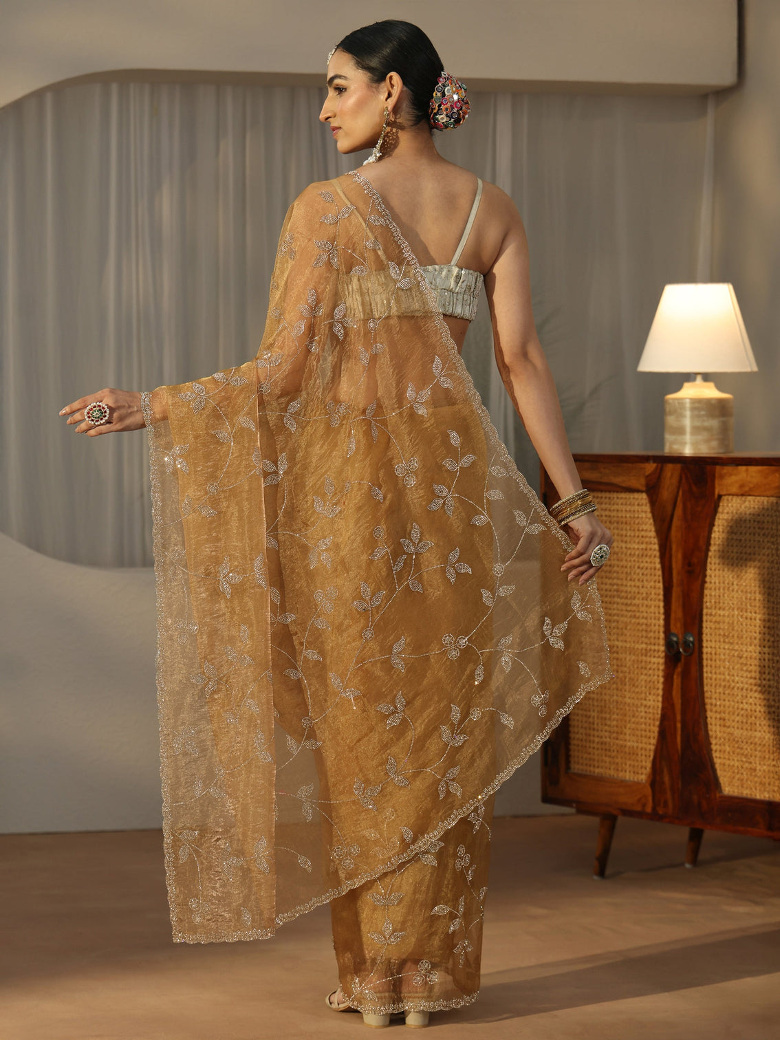 Mameraa Art Gold Floral Embellished Tissue Saree