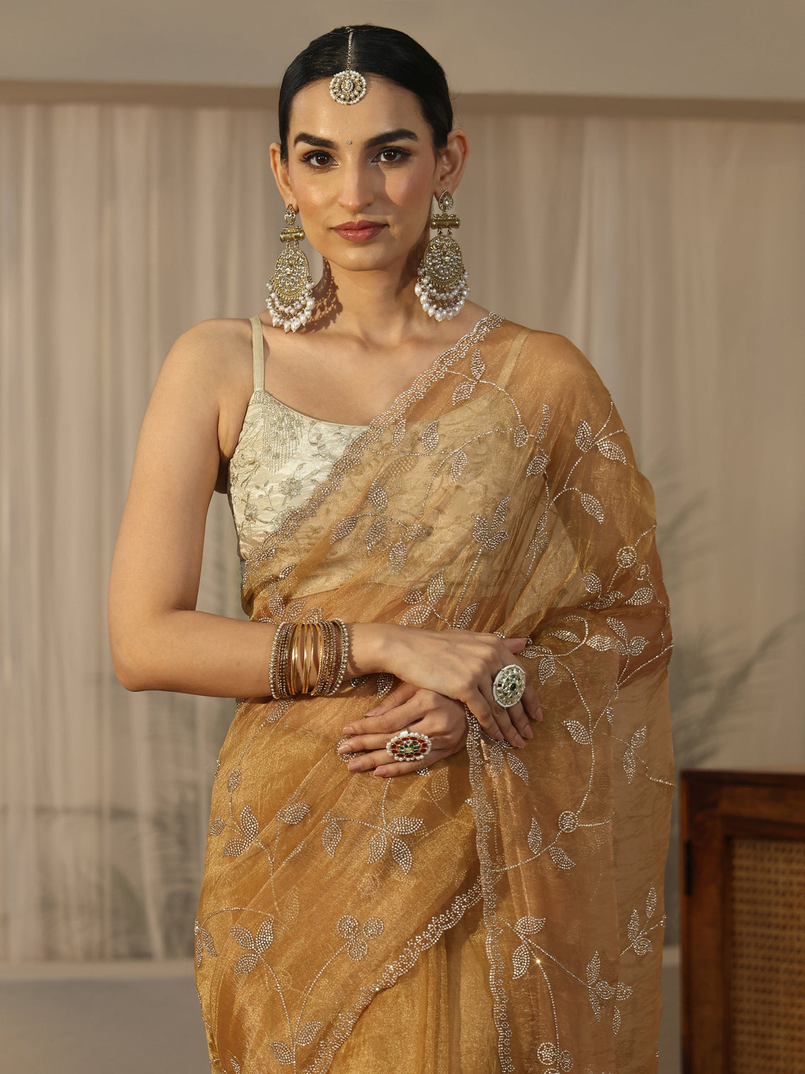 Mameraa Art Gold Floral Embellished Tissue Saree
