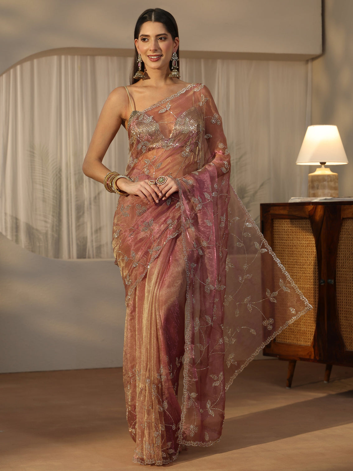 Mameraa Art Dusty Rose Pink Floral Embellished Tissue Saree
