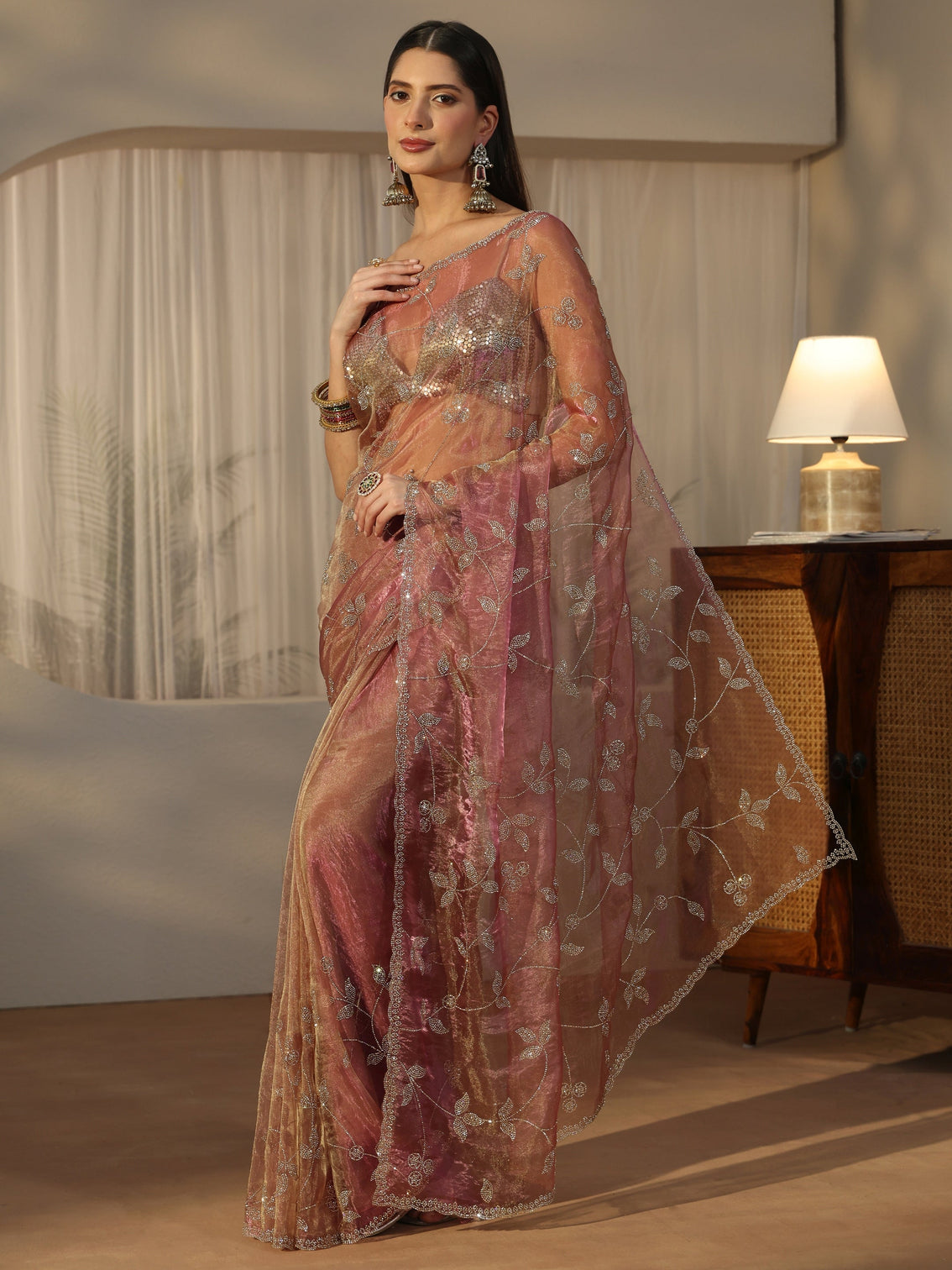 Mameraa Art Dusty Rose Pink Floral Embellished Tissue Saree