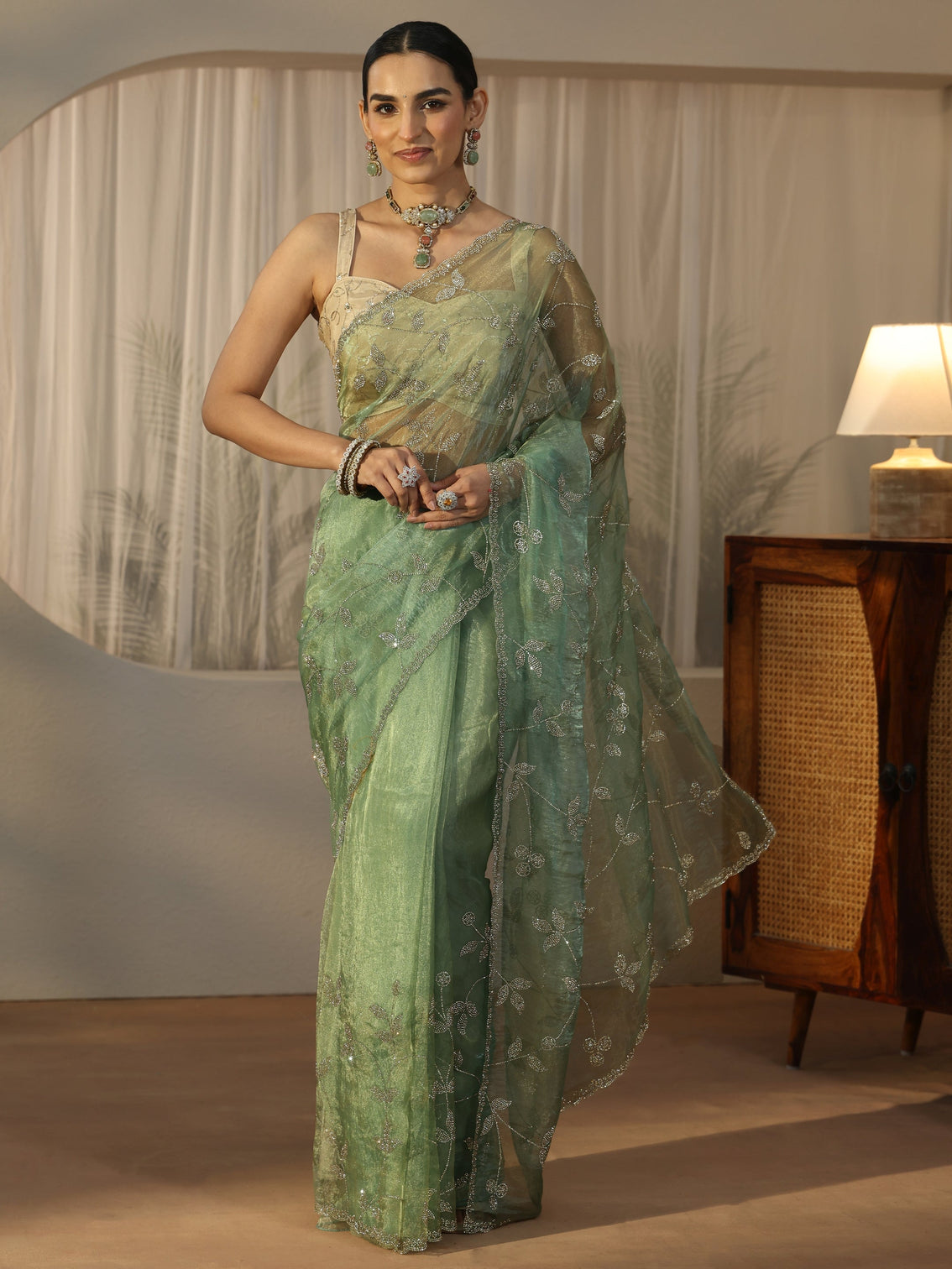 Mameraa Art Sage Green Floral Embellished Tissue Saree