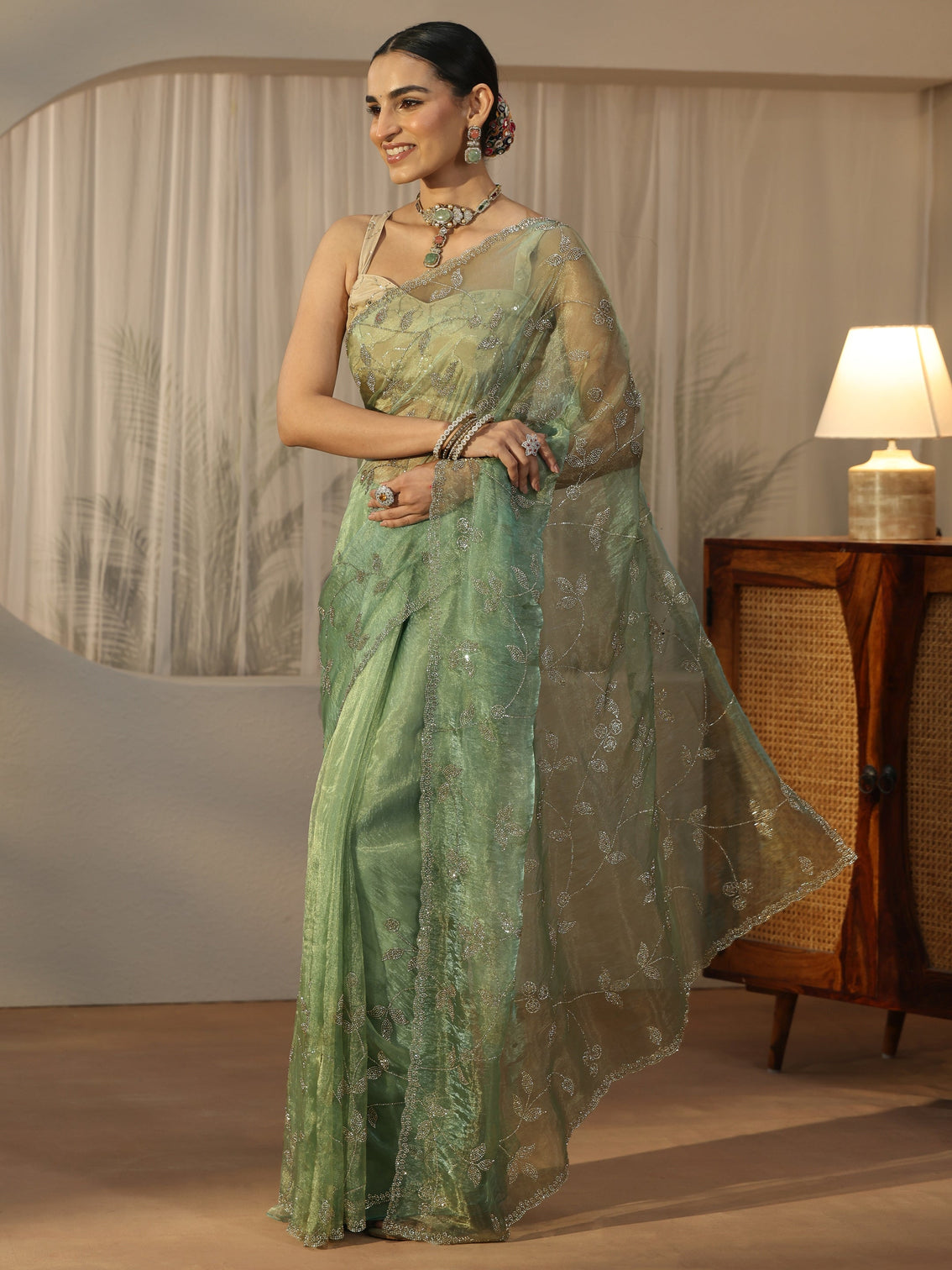 Mameraa Art Sage Green Floral Embellished Tissue Saree