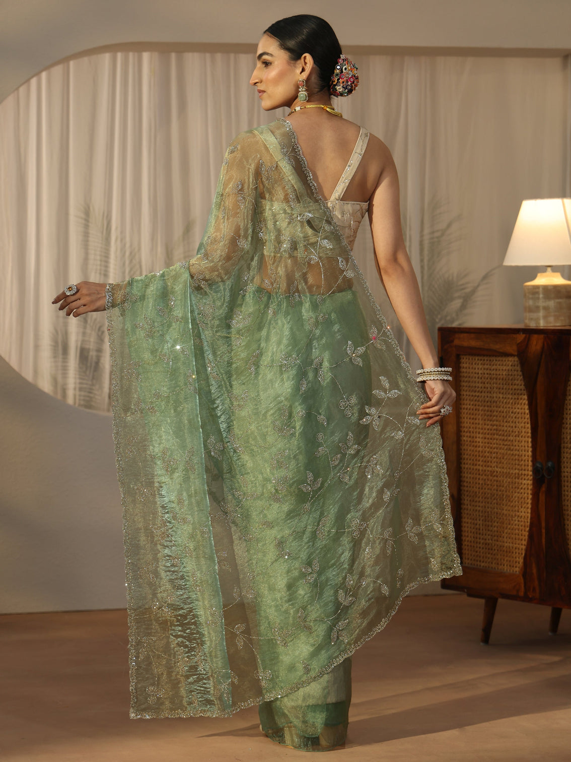 Mameraa Art Sage Green Floral Embellished Tissue Saree