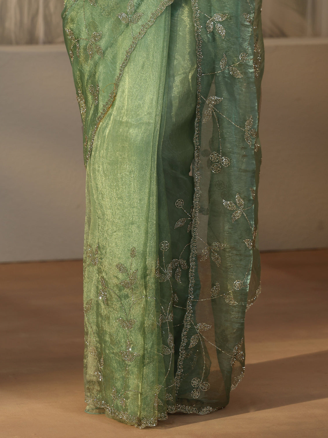 Mameraa Art Sage Green Floral Embellished Tissue Saree