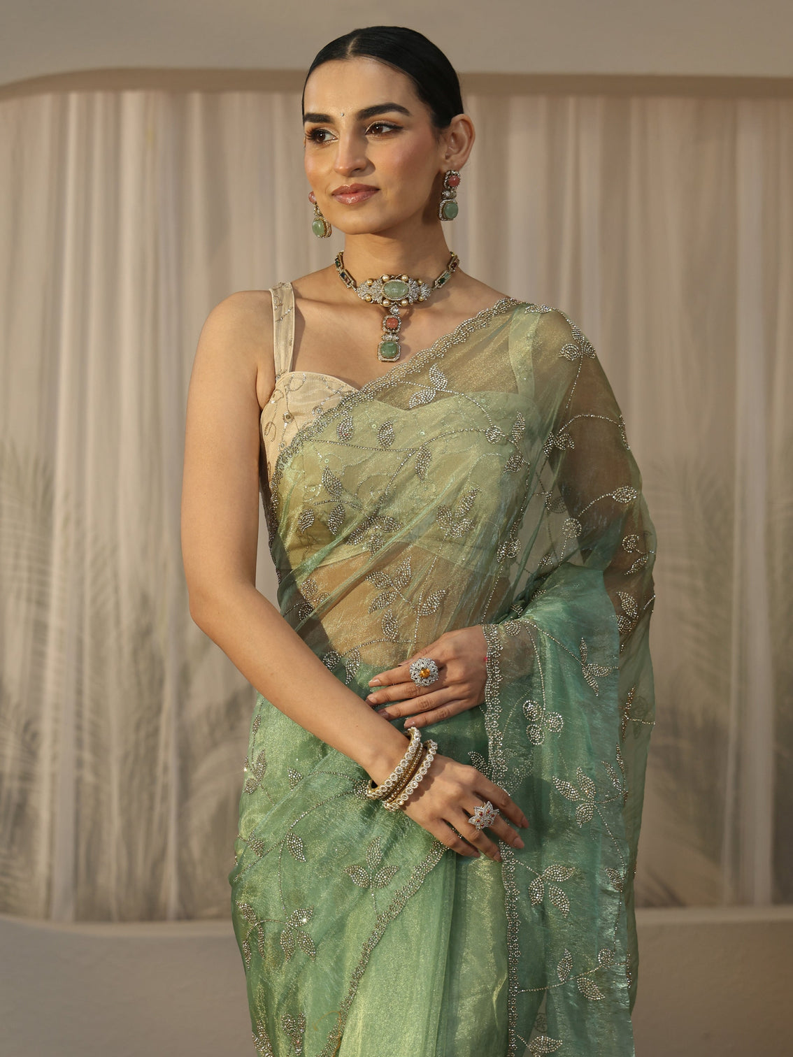 Mameraa Art Sage Green Floral Embellished Tissue Saree
