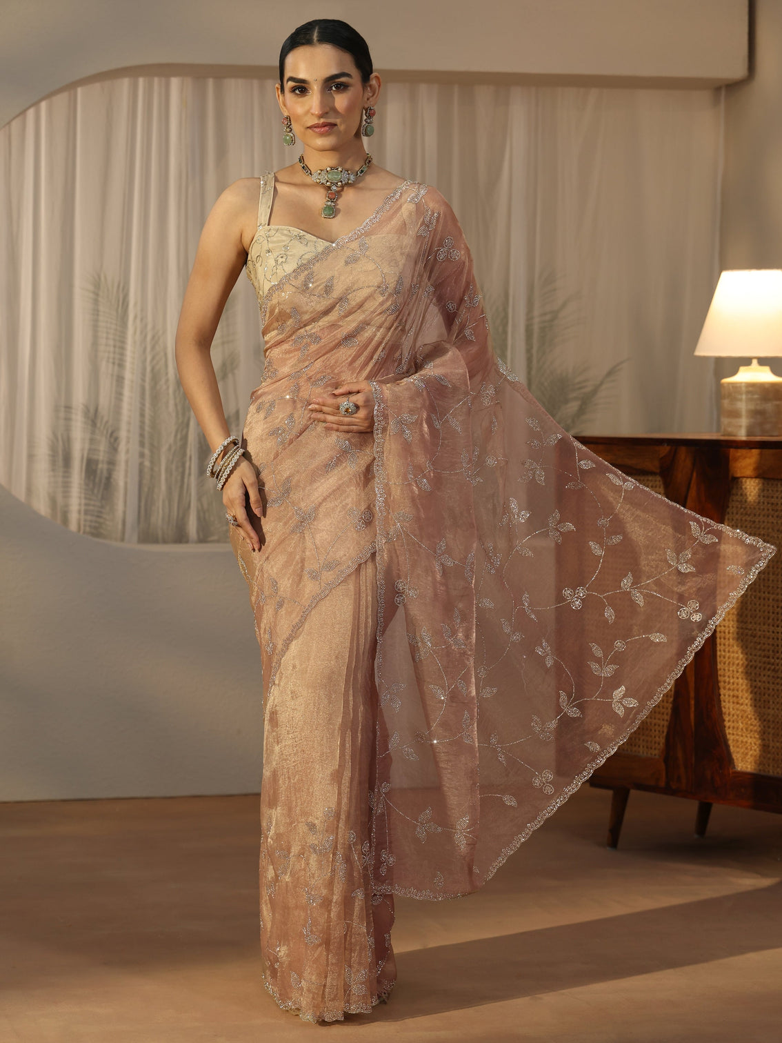 Mameraa Art Taupe Brown Floral Embellished Tissue Saree