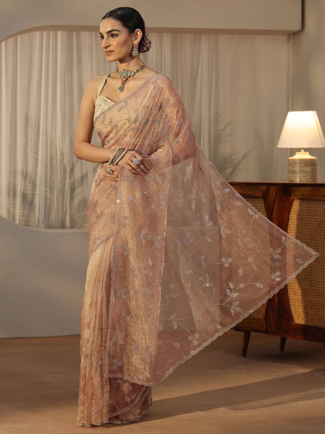 Mameraa Art Taupe Brown Floral Embellished Tissue Saree