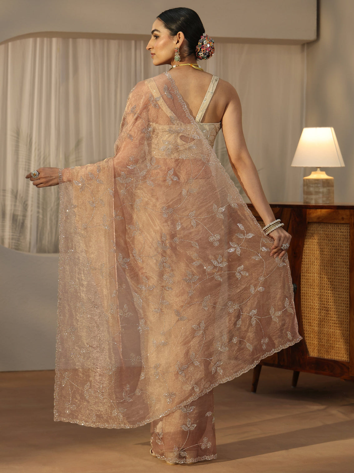 Mameraa Art Taupe Brown Floral Embellished Tissue Saree