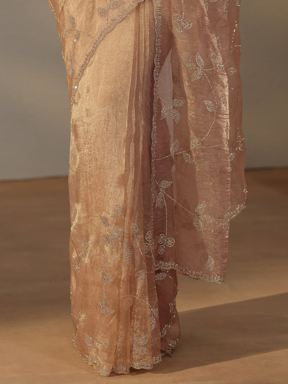 Mameraa Art Taupe Brown Floral Embellished Tissue Saree