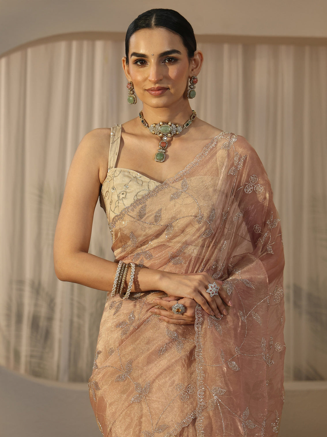 Mameraa Art Taupe Brown Floral Embellished Tissue Saree