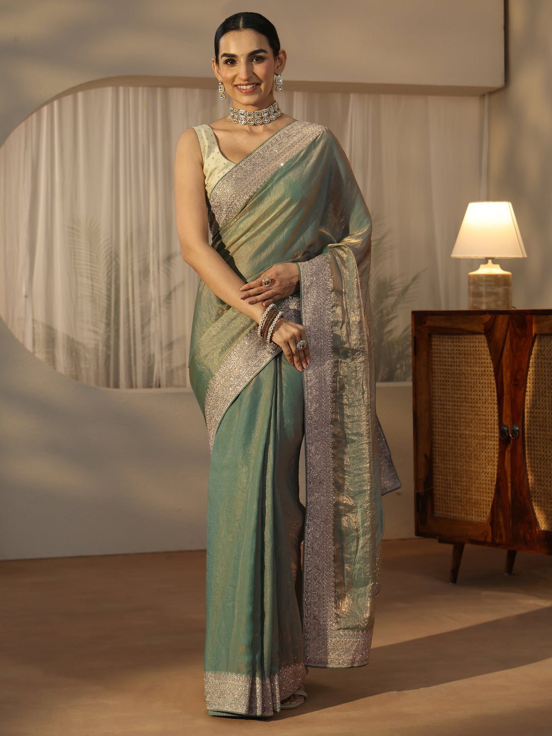 Mameraa Green Tissue Saree with Embellished Border