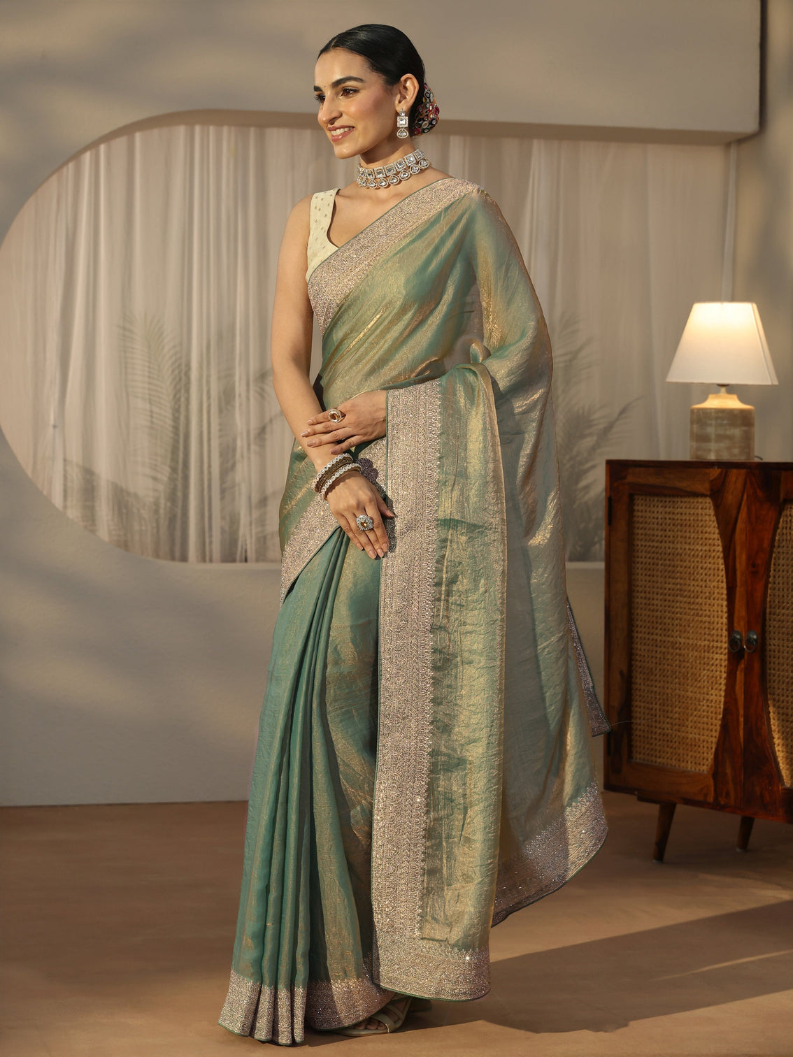 Mameraa Green Tissue Saree with Embellished Border