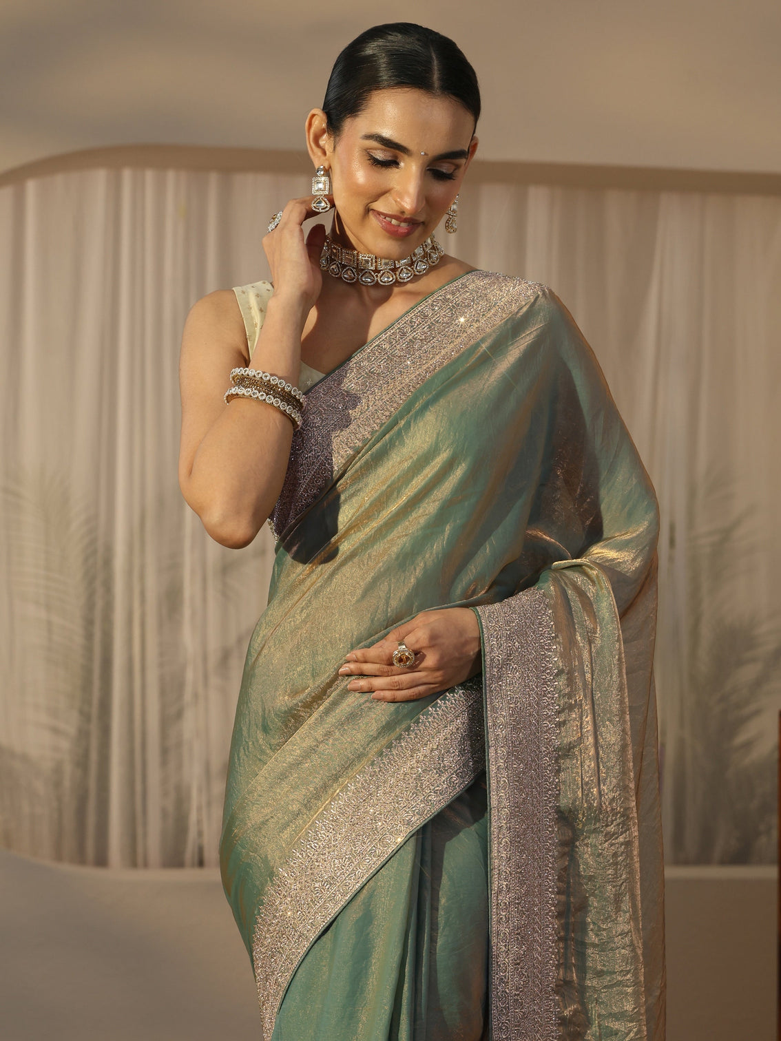 Mameraa Green Tissue Saree with Embellished Border