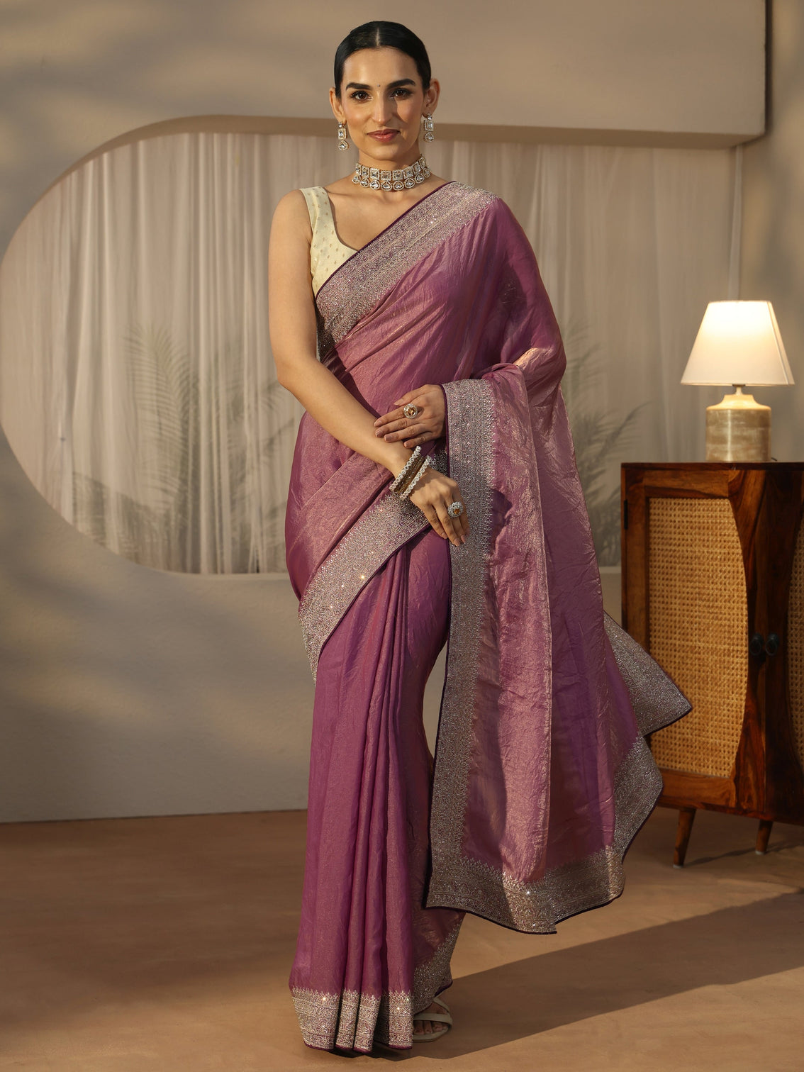 Mameraa Muave Tissue Saree with Embellished Border