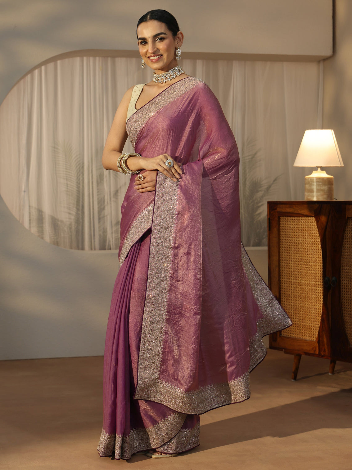 Mameraa Muave Tissue Saree with Embellished Border