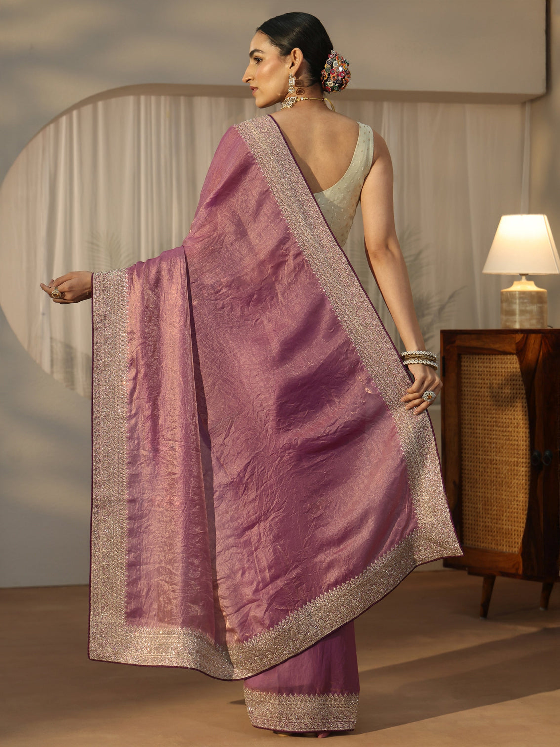 Mameraa Muave Tissue Saree with Embellished Border