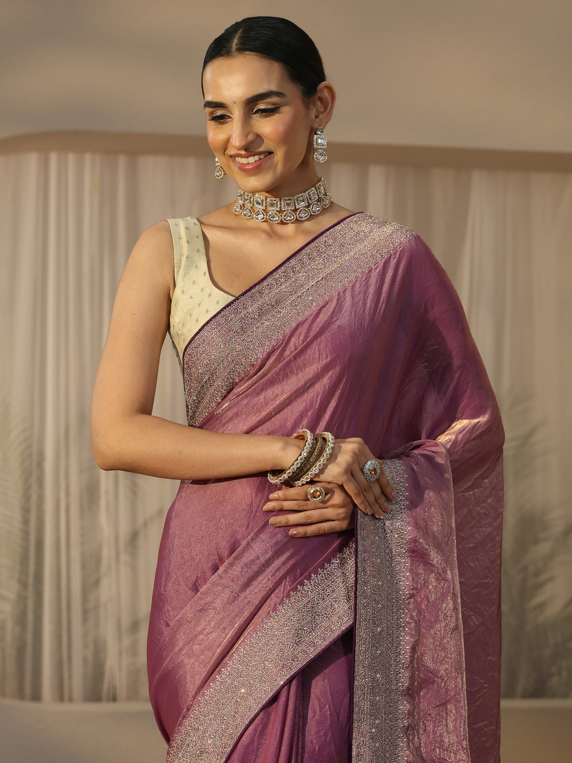 Mameraa Muave Tissue Saree with Embellished Border