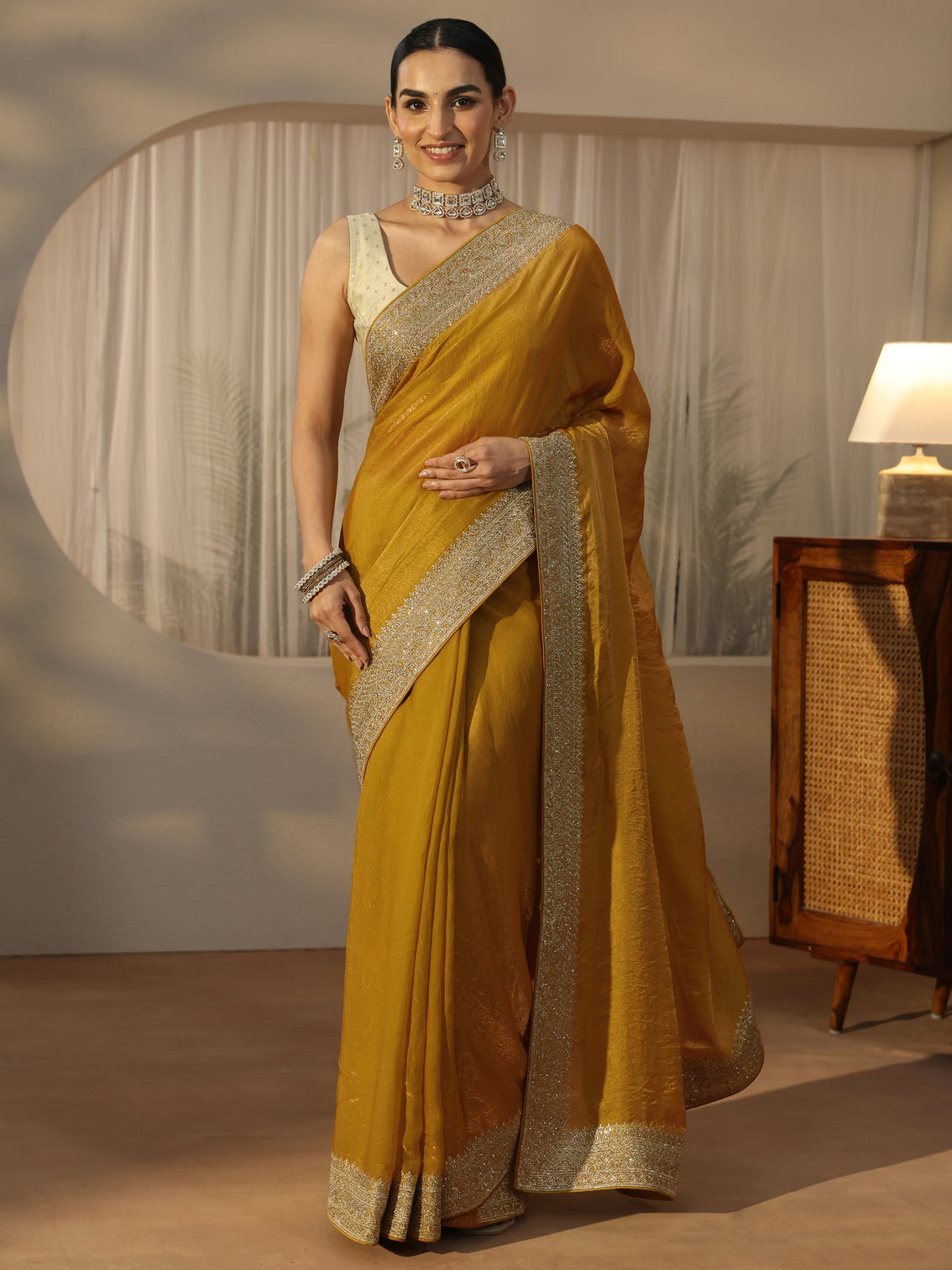 Mameraa Honey Yellow Tissue Saree with Embellished Border
