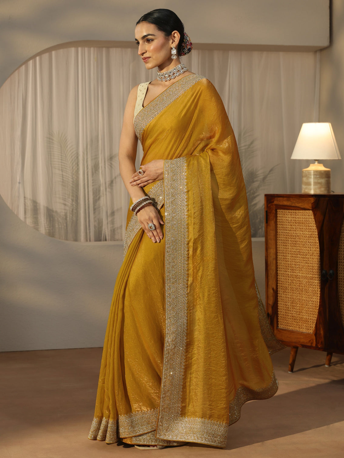 Mameraa Honey Yellow Tissue Saree with Embellished Border