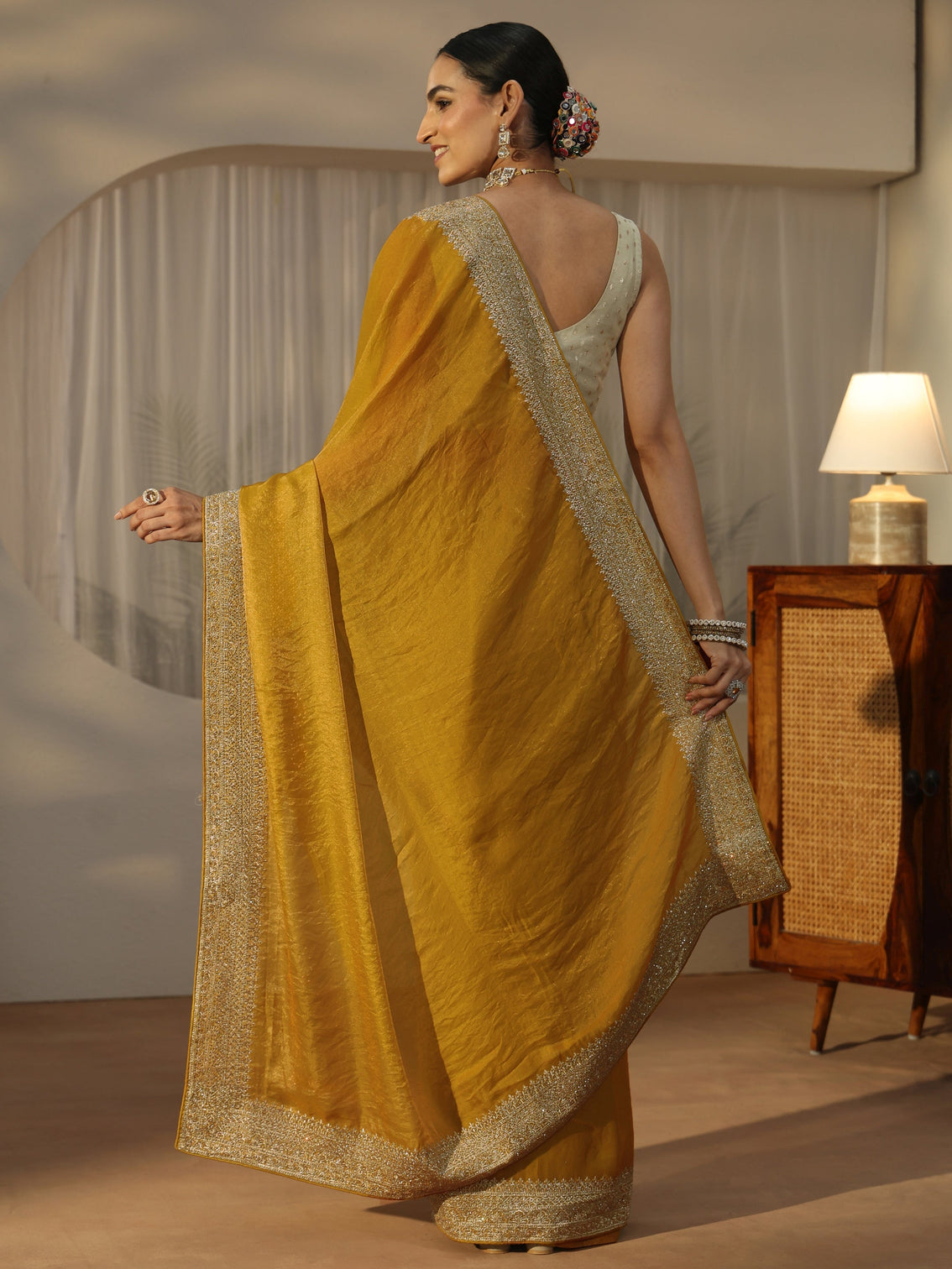 Mameraa Honey Yellow Tissue Saree with Embellished Border