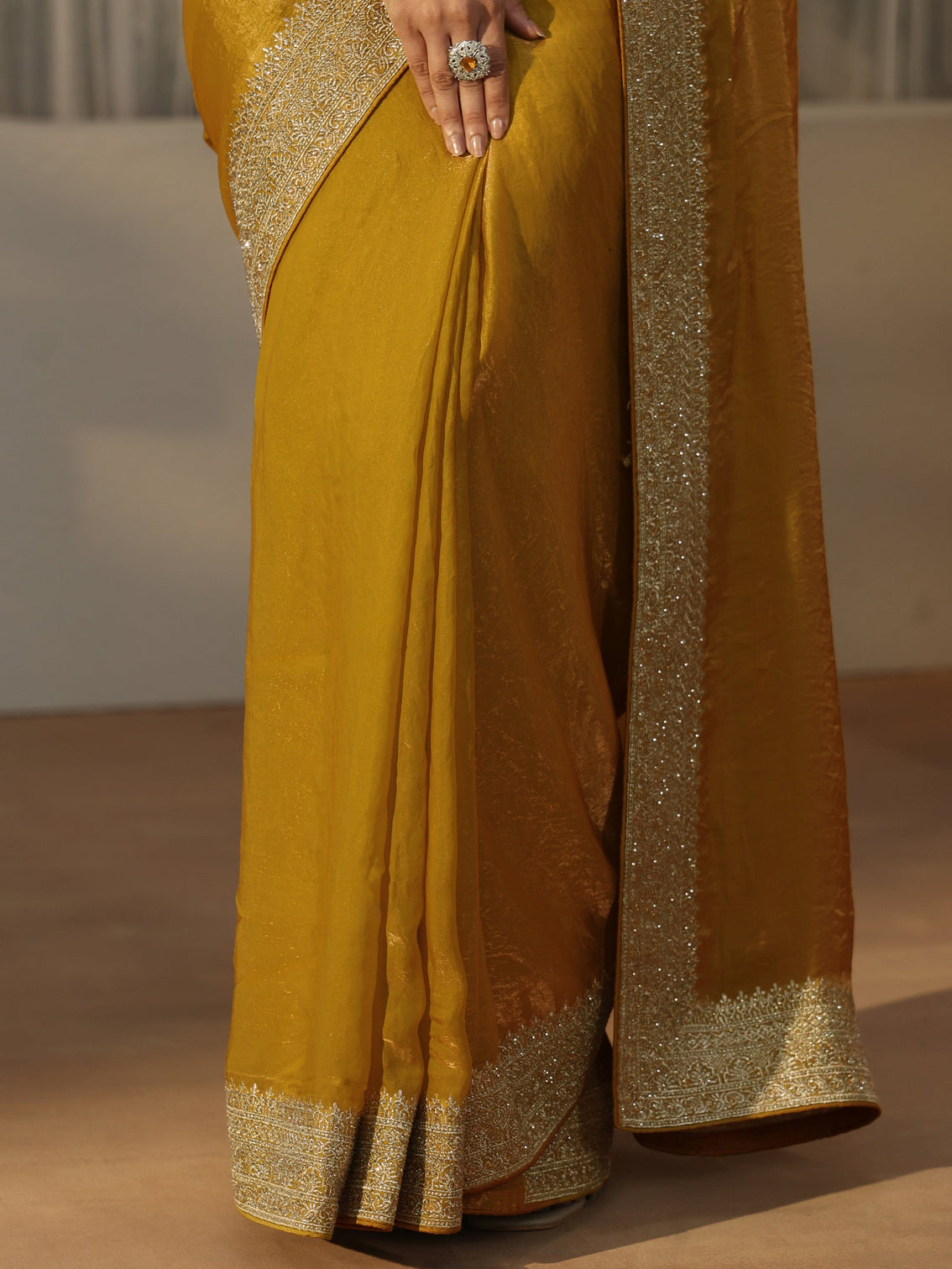 Mameraa Honey Yellow Tissue Saree with Embellished Border