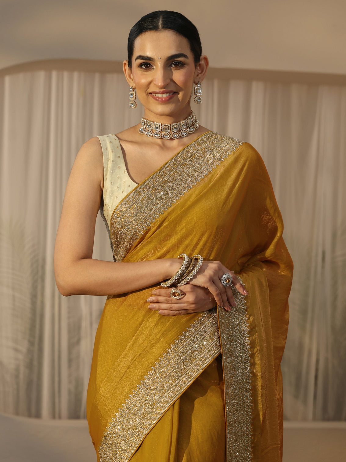 Mameraa Honey Yellow Tissue Saree with Embellished Border