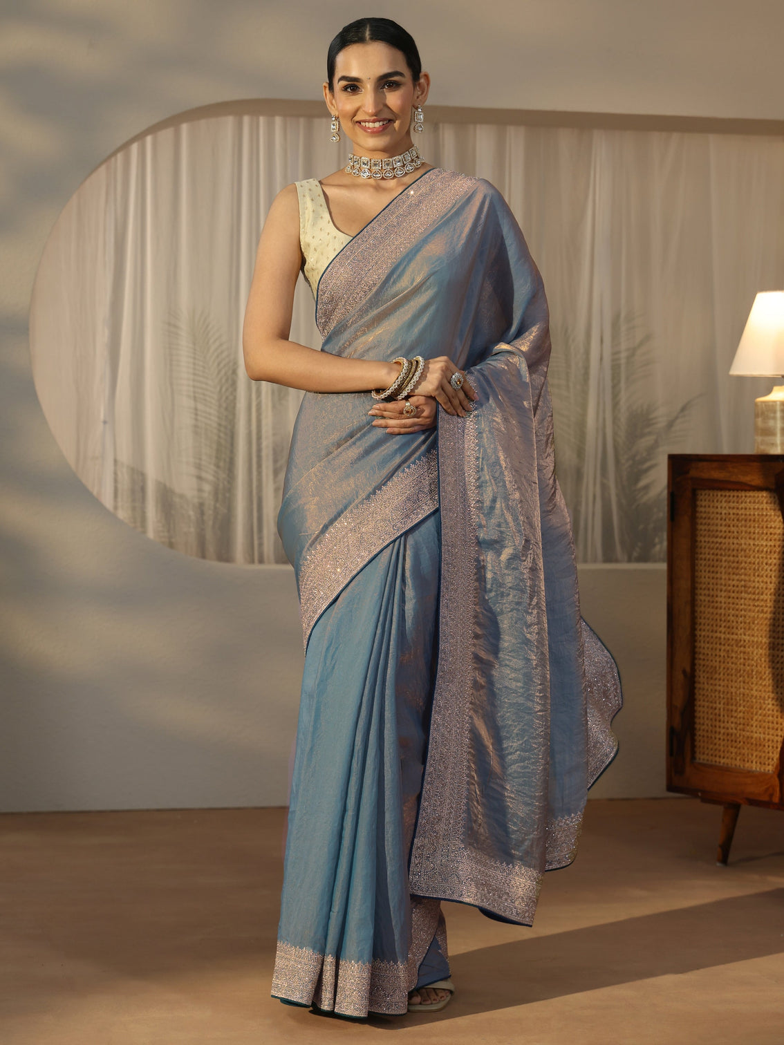 Mameraa Blue Tissue Saree with Embellished Border