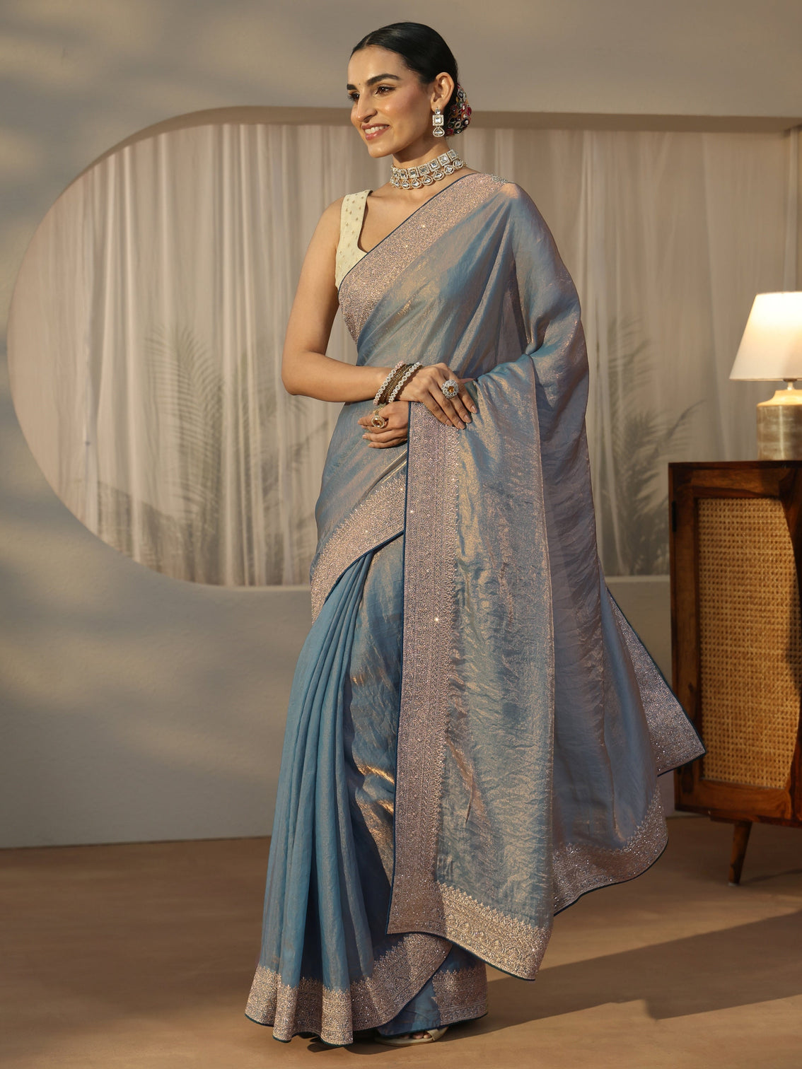 Mameraa Blue Tissue Saree with Embellished Border