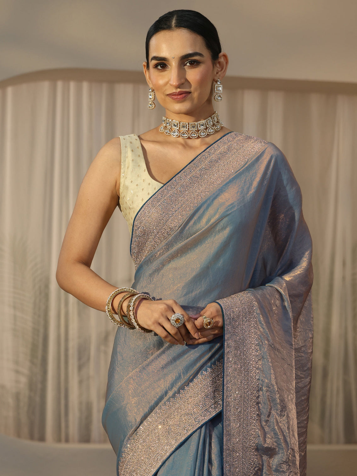 Mameraa Blue Tissue Saree with Embellished Border