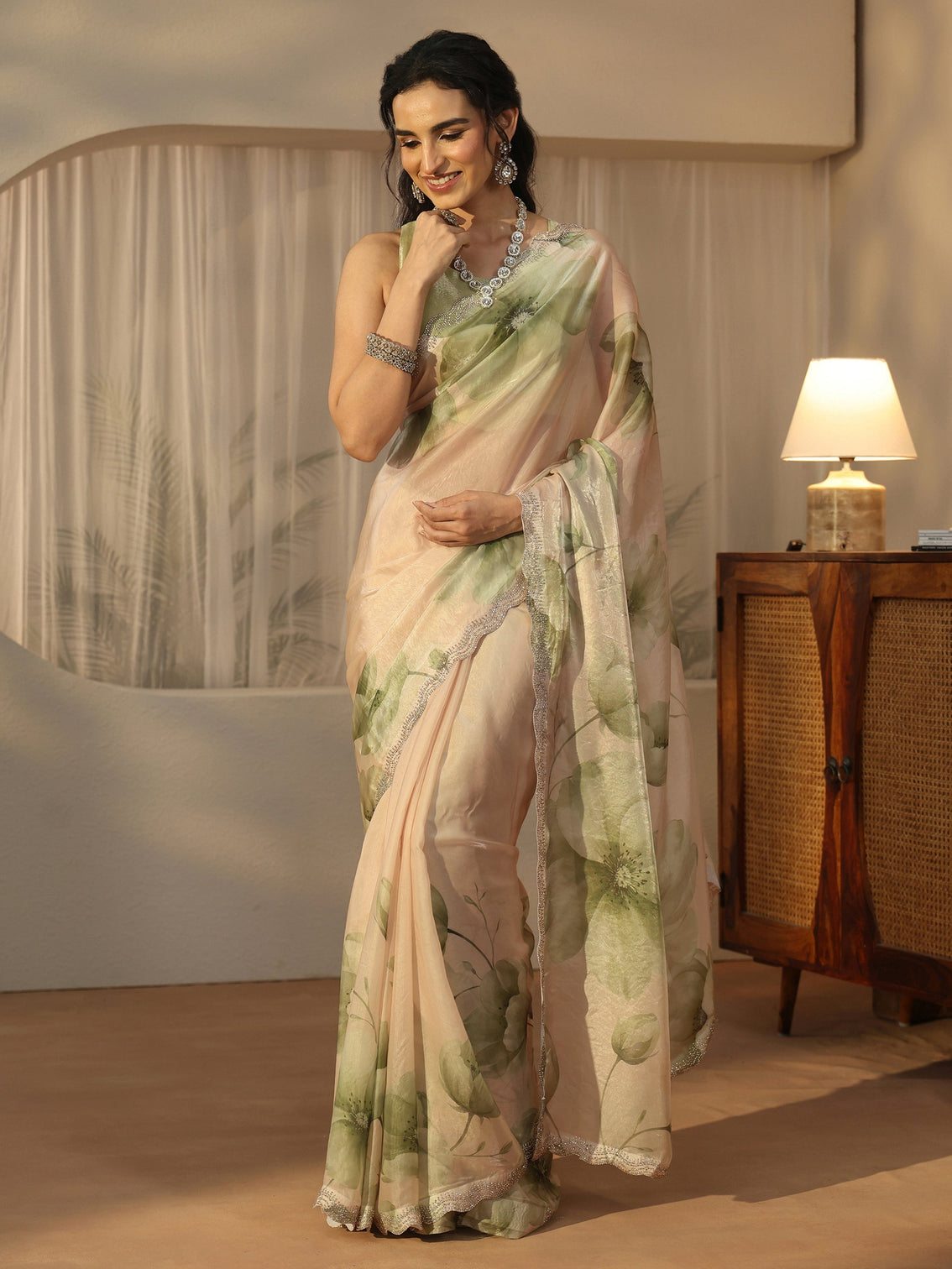 Mameraa Green Floral Printed Tissue Saree