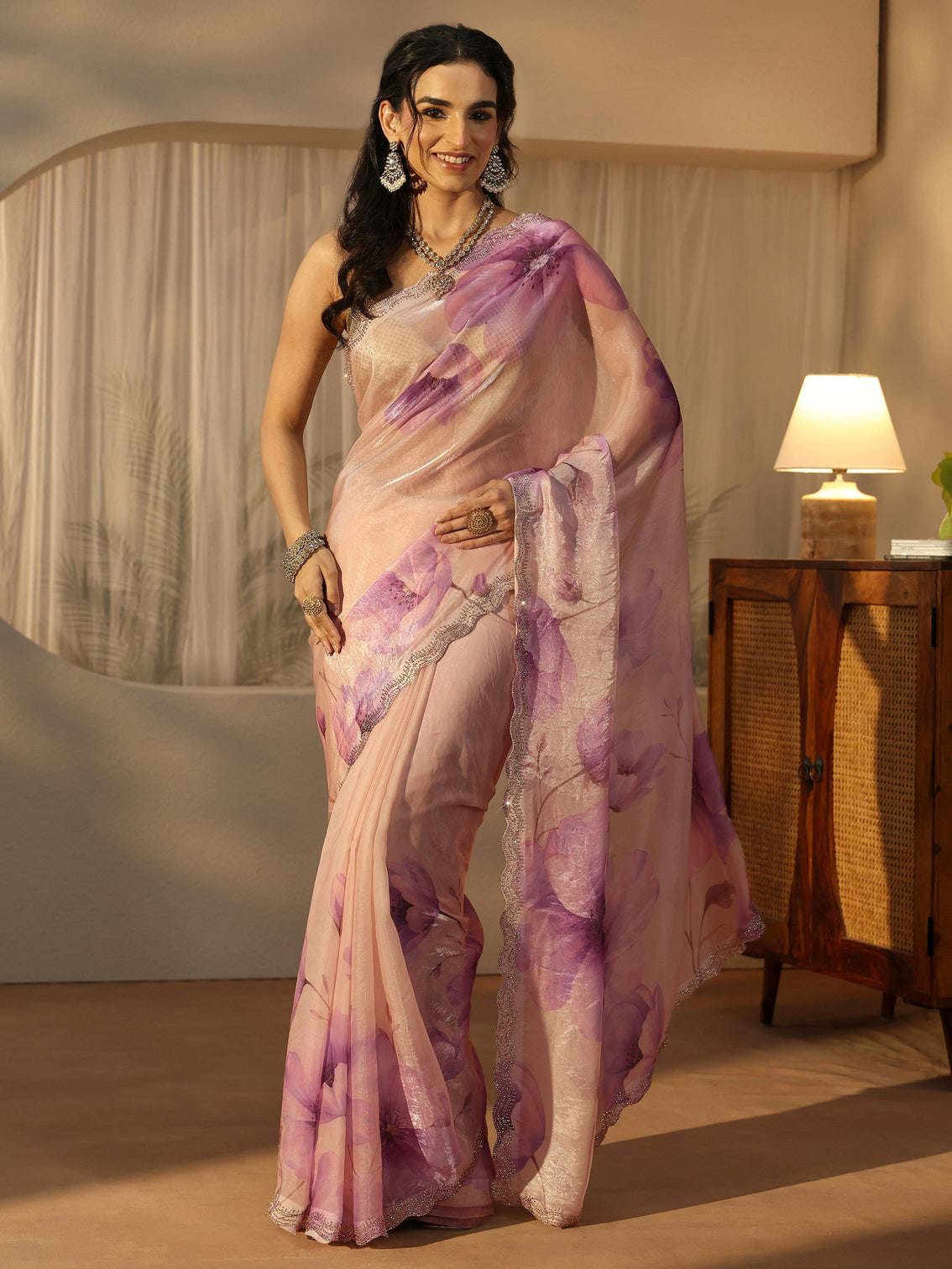 Mameraa Purple Floral Printed Tissue Saree with Embellished Border