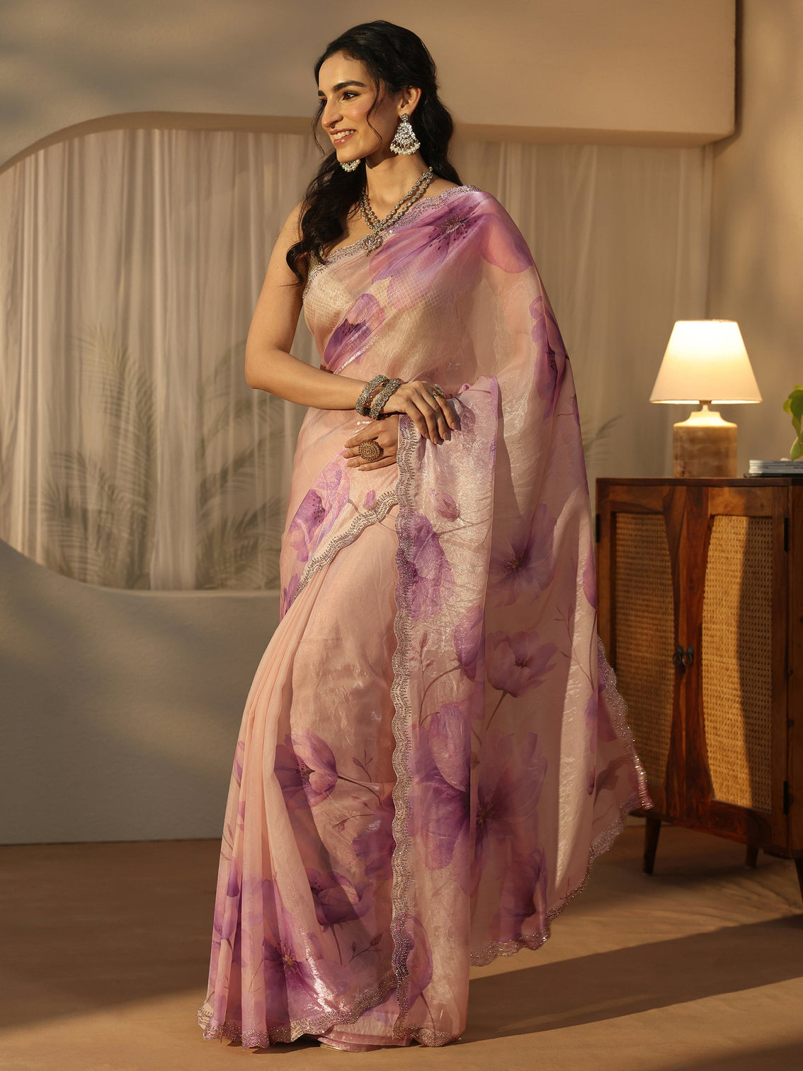 Mameraa Purple Floral Printed Tissue Saree with Embellished Border