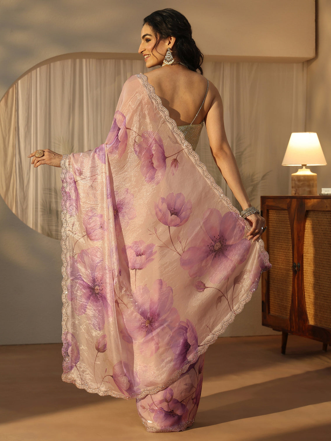 Mameraa Purple Floral Printed Tissue Saree with Embellished Border