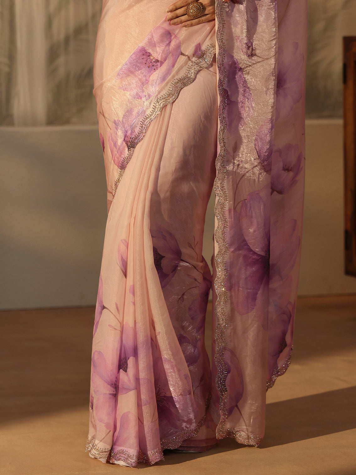 Mameraa Purple Floral Printed Tissue Saree with Embellished Border