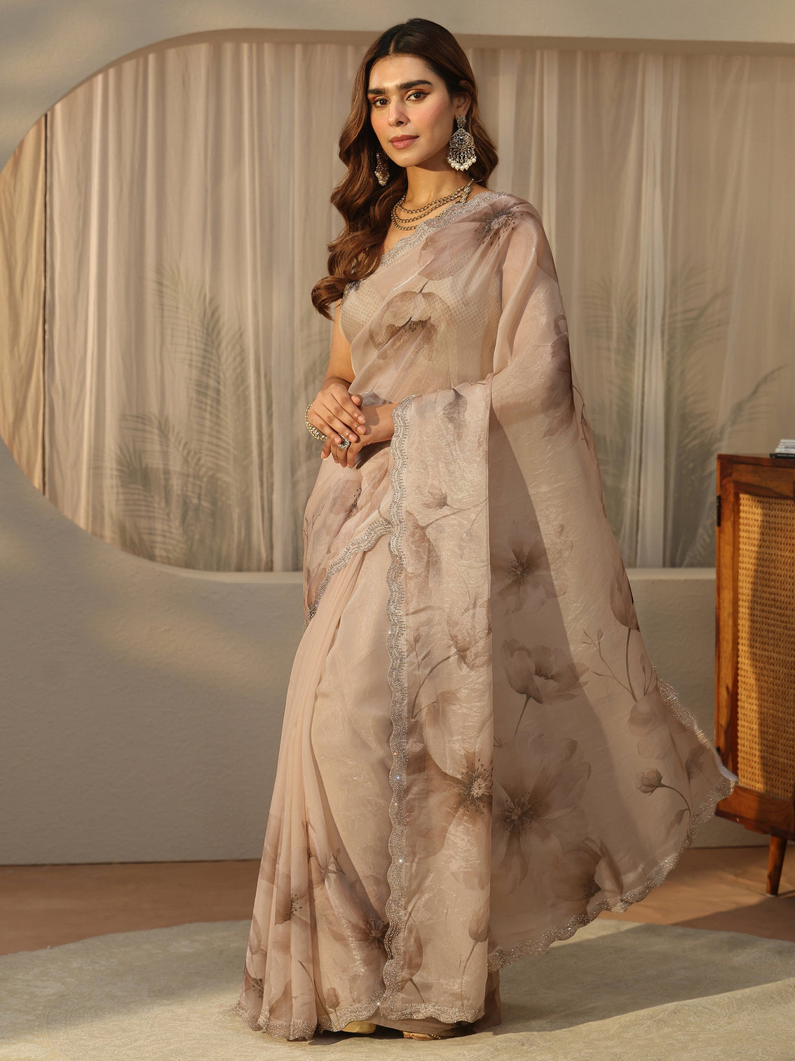Mameraa Beige Floral Printed Tissue Saree with Embellished Border