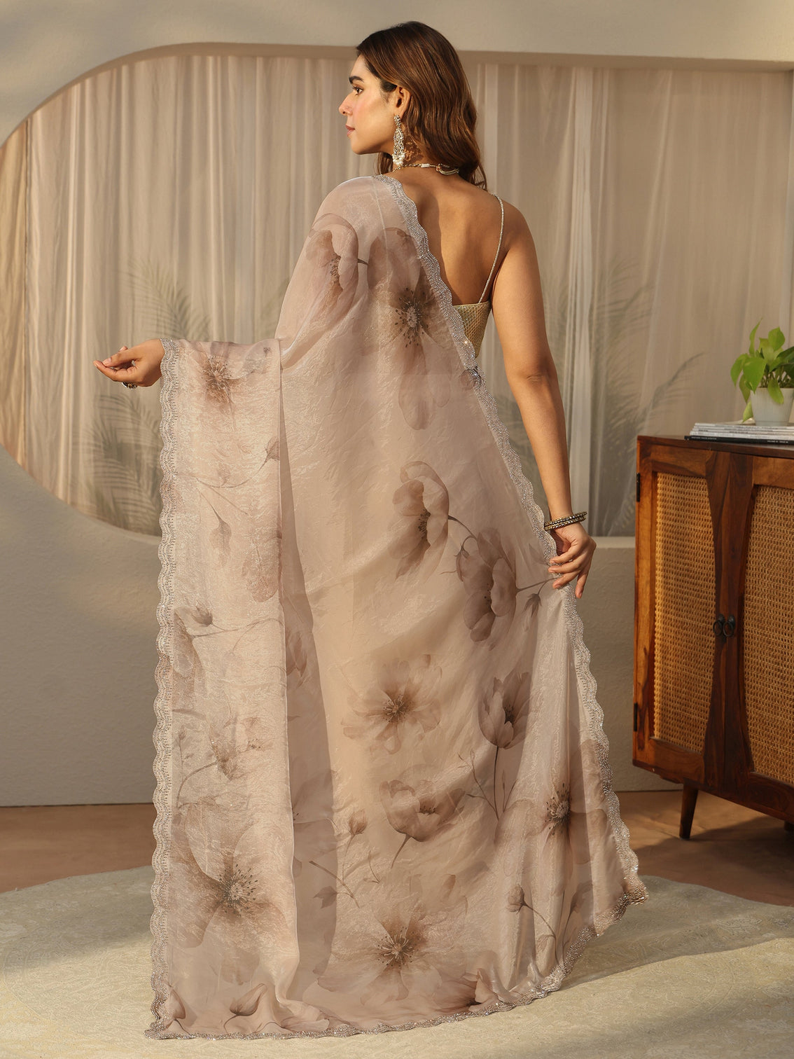 Mameraa Beige Floral Printed Tissue Saree with Embellished Border