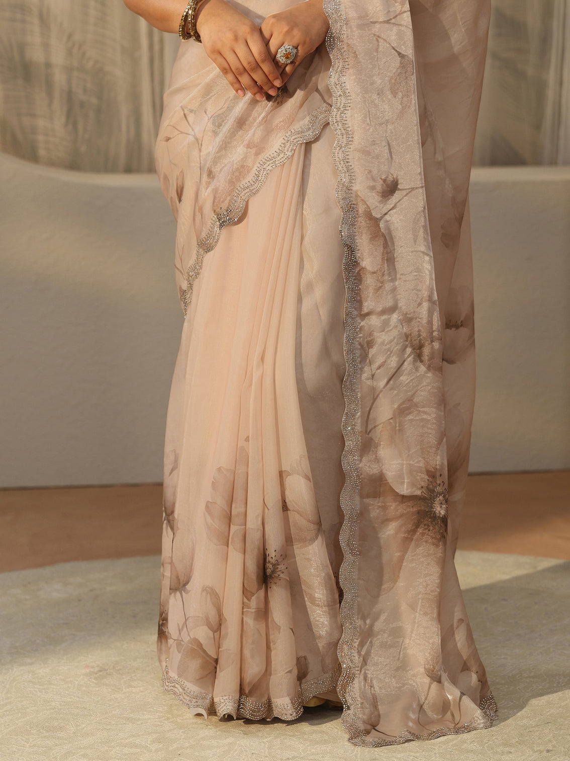 Mameraa Beige Floral Printed Tissue Saree with Embellished Border