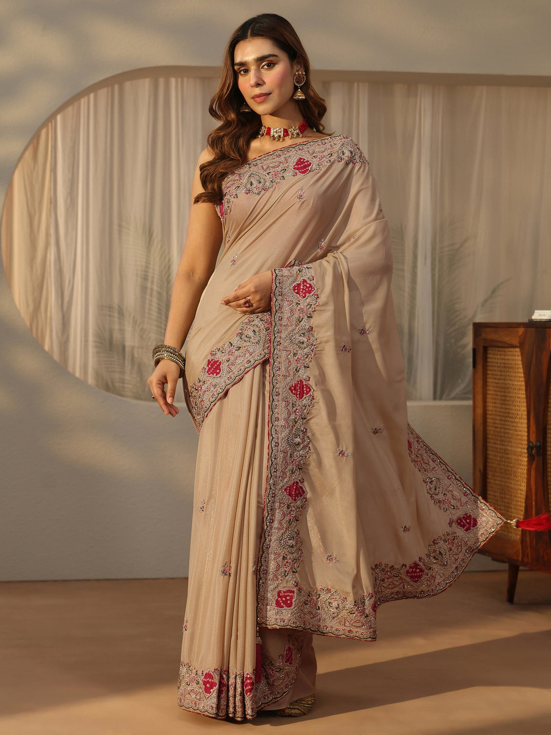 Mameraa Beige Floral Embroidered Satin Saree