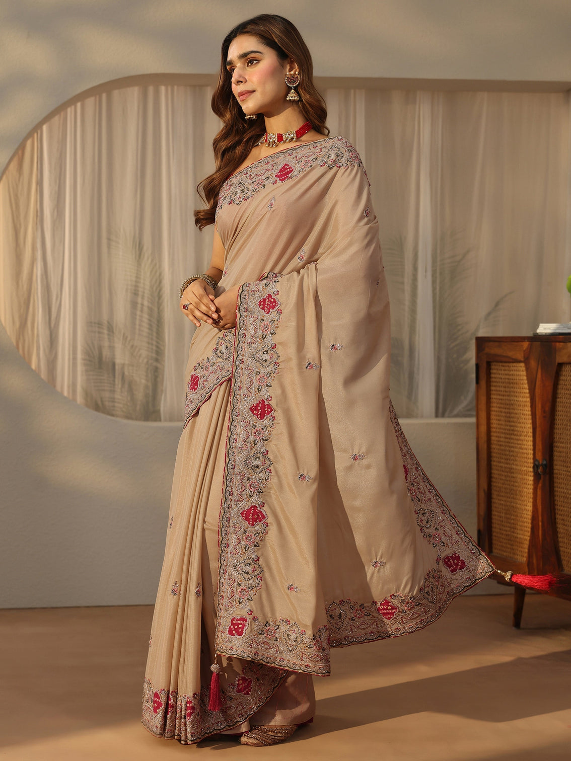 Mameraa Beige Floral Embroidered Satin Saree