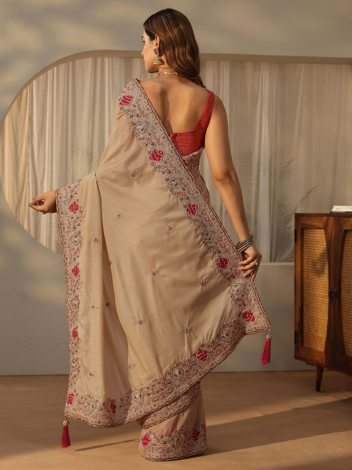 Mameraa Beige Floral Embroidered Satin Saree