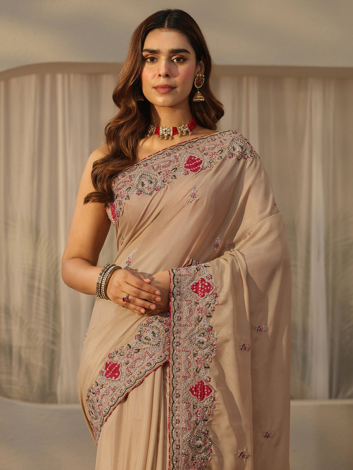 Mameraa Beige Floral Embroidered Satin Saree