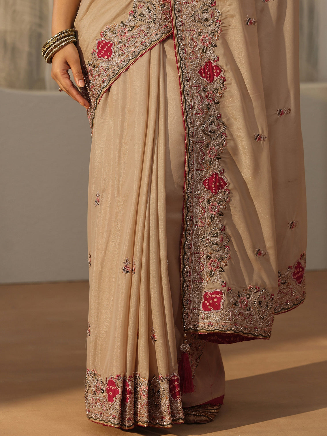 Mameraa Beige Floral Embroidered Satin Saree