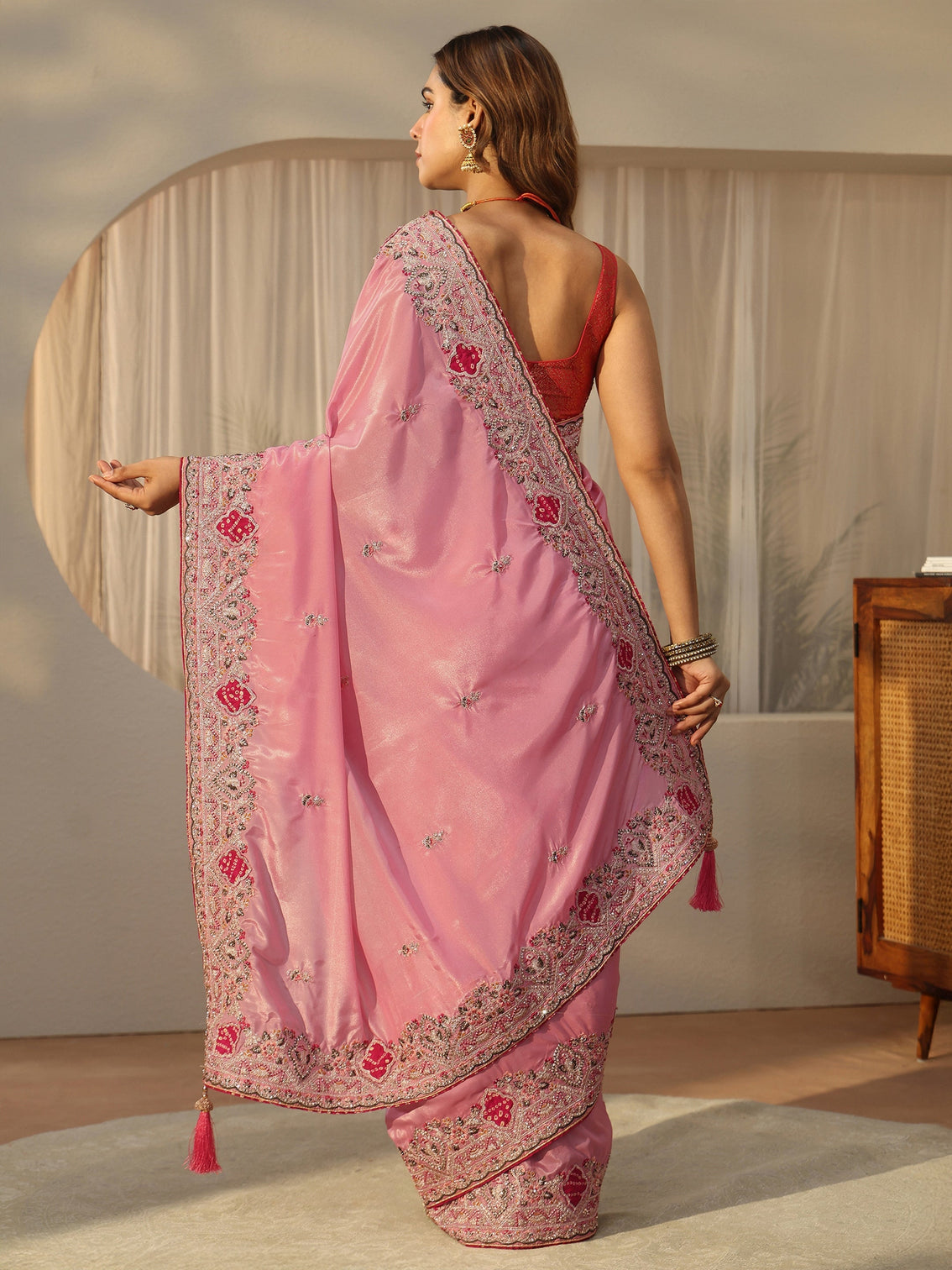 Mameraa Pink Floral Embroidered Satin Saree