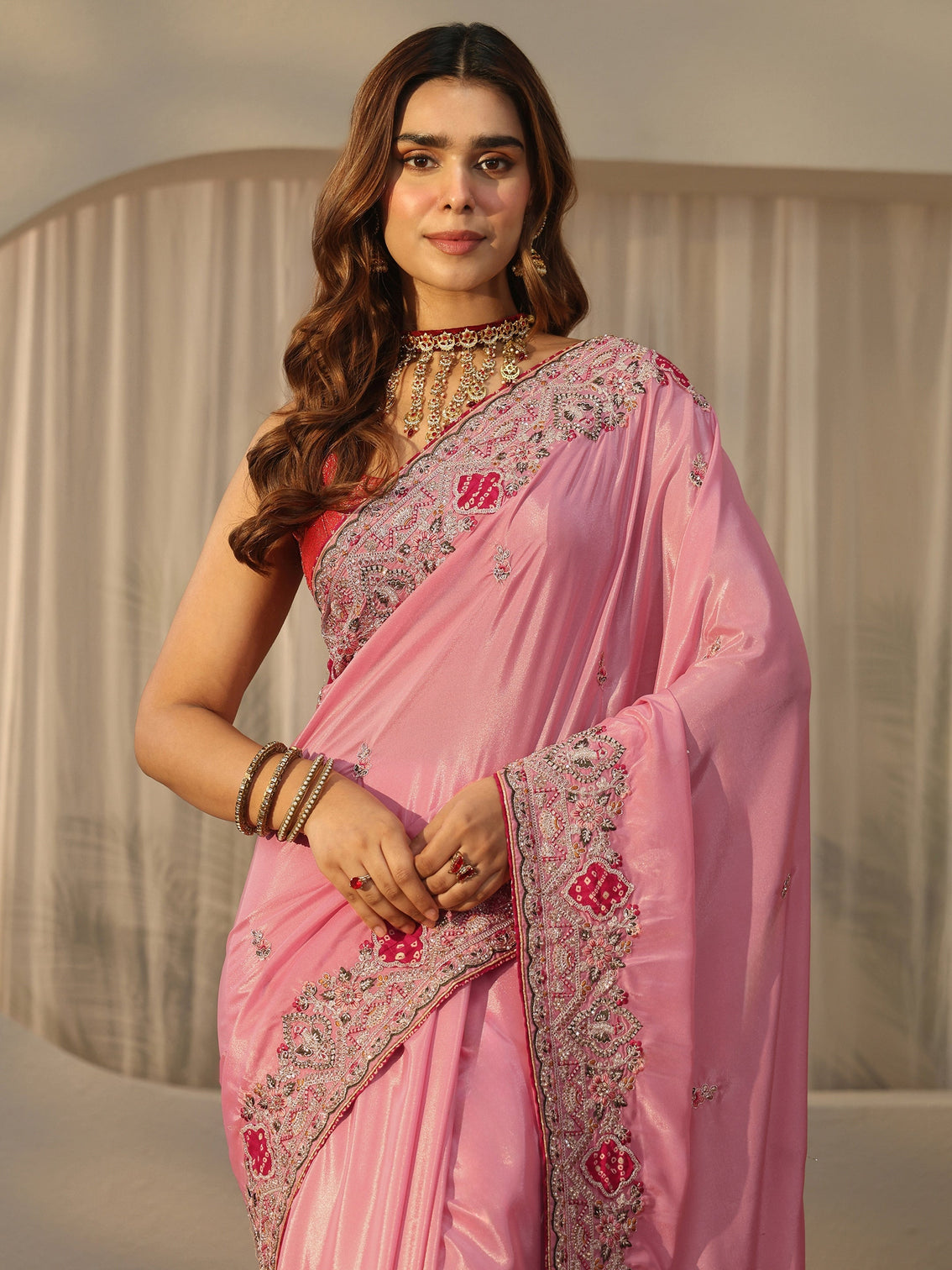Mameraa Pink Floral Embroidered Satin Saree