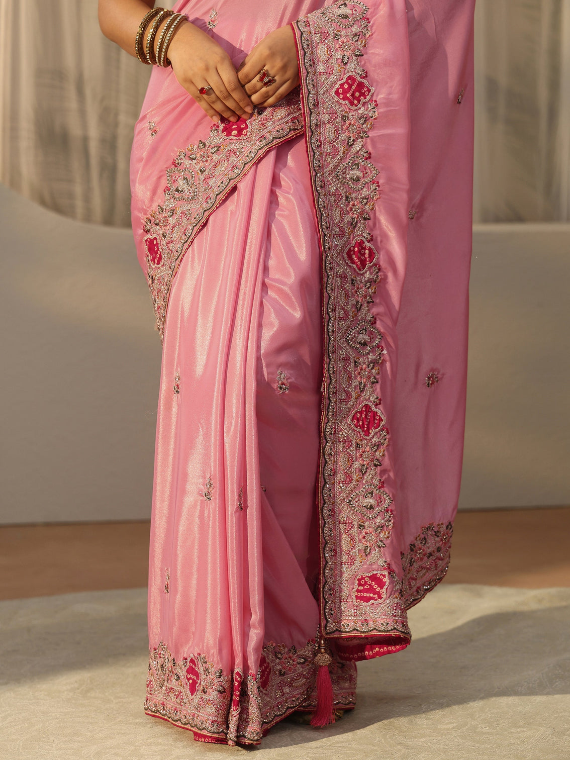 Mameraa Pink Floral Embroidered Satin Saree