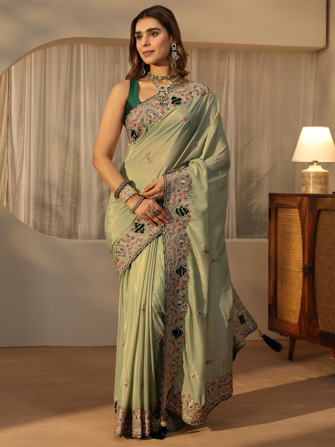 Mameraa Pista Green Satin Saree with Embellished Border