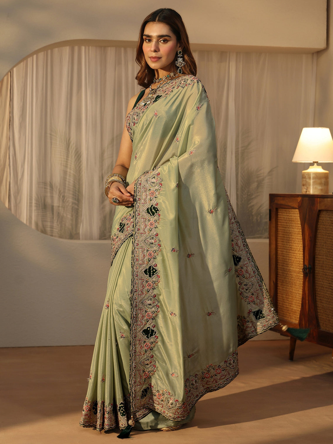 Mameraa Pista Green Satin Saree with Embellished Border